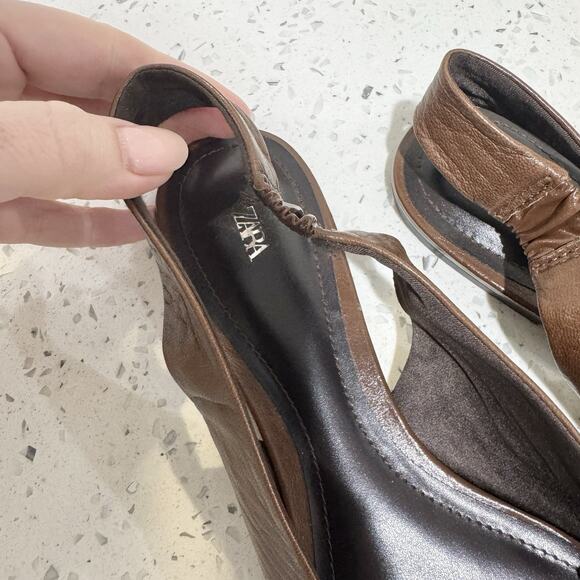 Zara Chocolate Brown Pointed Tow Faux Leather Slingback Flats 9 - Picture 3 of 5
